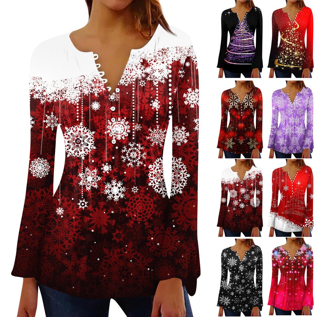 Женская модная рождественская футболка с v-образным вырезом и длинными расклешенными рукавами, плиссированная пуговица, топ
