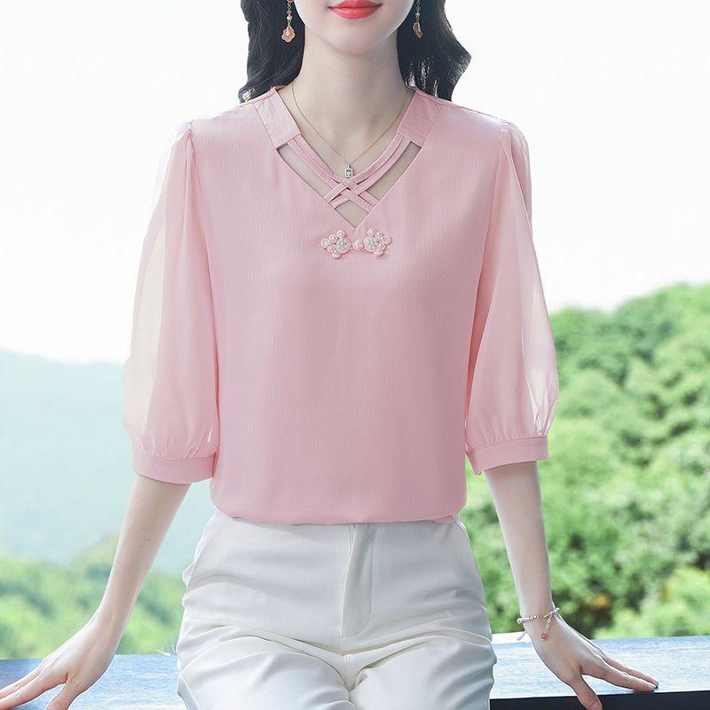 Women's Summer Shirts Fashionable and Western Design with Seven Sleeve Chiffon Style Small Top