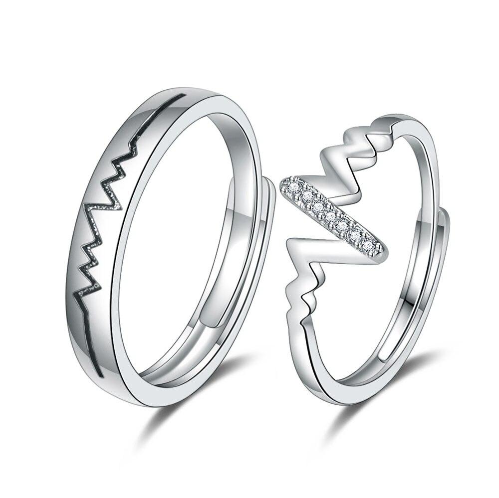 New 925 Sterling Silver Couple Ring Men Women Electrocardiogram Adjustable Pair Micro-inlaid Zircon Lovers Rings Jewelry Gift