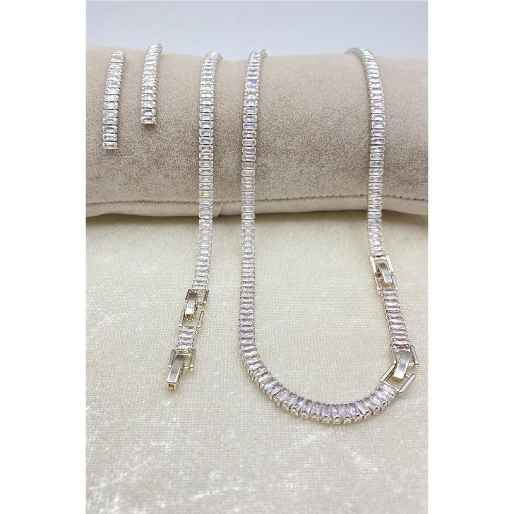 Women's Silver Zircon Baguette Waterway Necklace Earring Bracelet Jewelery Set Suit