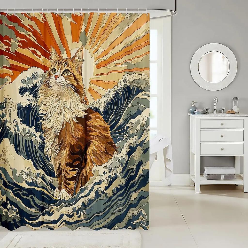 Мультяшный Кот Детские Занавески для Душа,Японская Занавеска для Ванной Укиё-э с Океанской Волной, Абстрактная Полосатая Домашняя Декорация, Морской Синий Ретр
