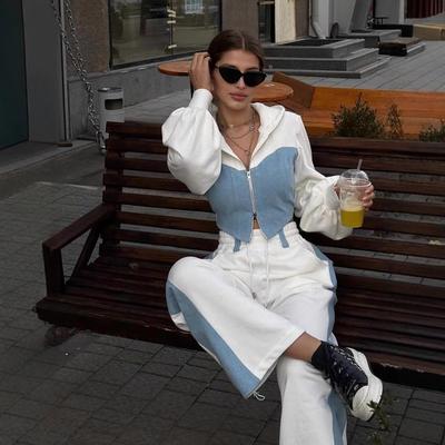 Женский двухцветный спортивный костюм с капюшоном на молнии, сине-белый, с брюками палаццо
