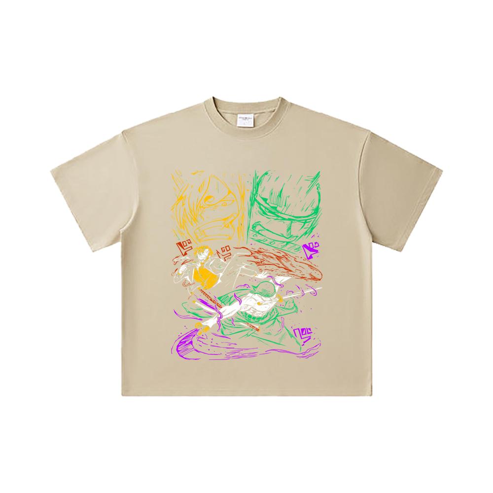 260 GSM Double Yarn 32 Count 100% Cotton One Piece V12 Sanji Zoro Print Unisex Heavy Cotton T Shirt