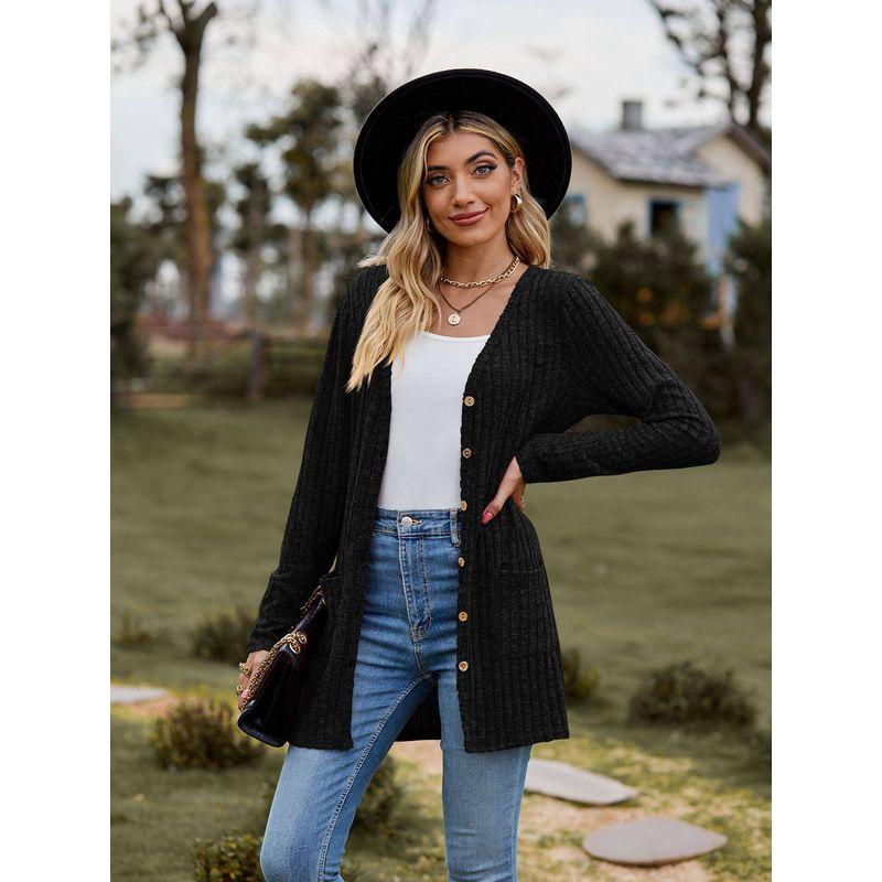 2023 Cross-Border Autumn New Women's Clothing Amazon Women's Brushed Ribbed Solid Color Long-Sleeve Cardigan Jacket