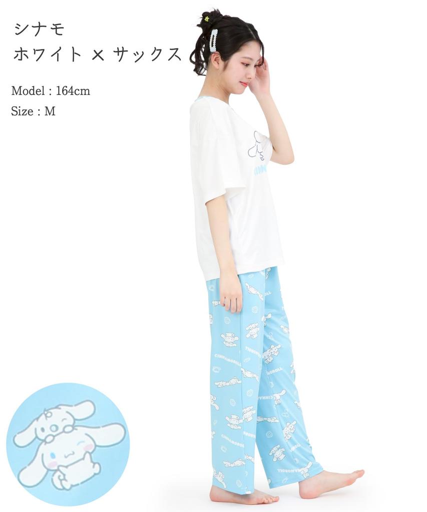 SAZAC Cinnamoroll and Milk Pajama Powder Stretch Short Sleeve and Long Pants Loungewear x Set, Fabric, Women's Set, (White Sax/M/SAN1952)