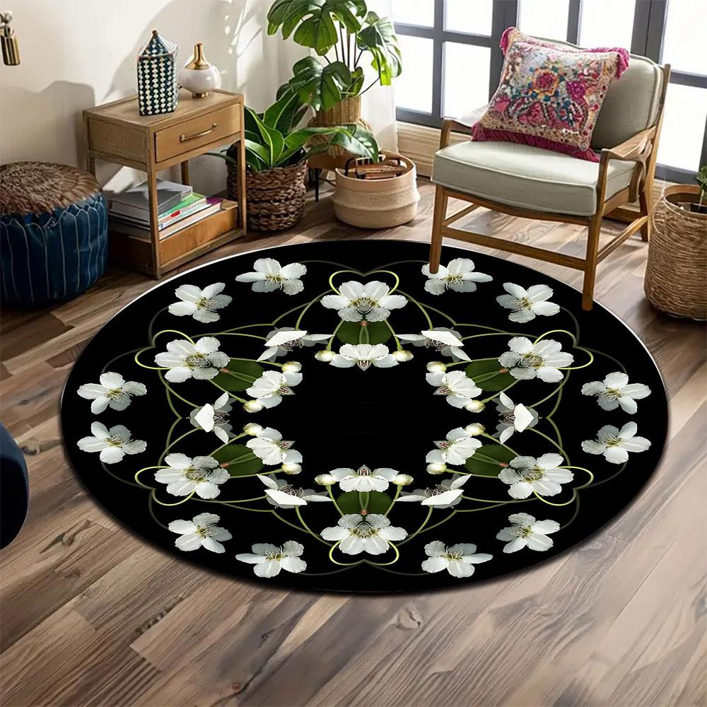White Floral Mandala on Black Background Print round rug, living room, bedroom, playroom carpet, non slip floor mat, gift