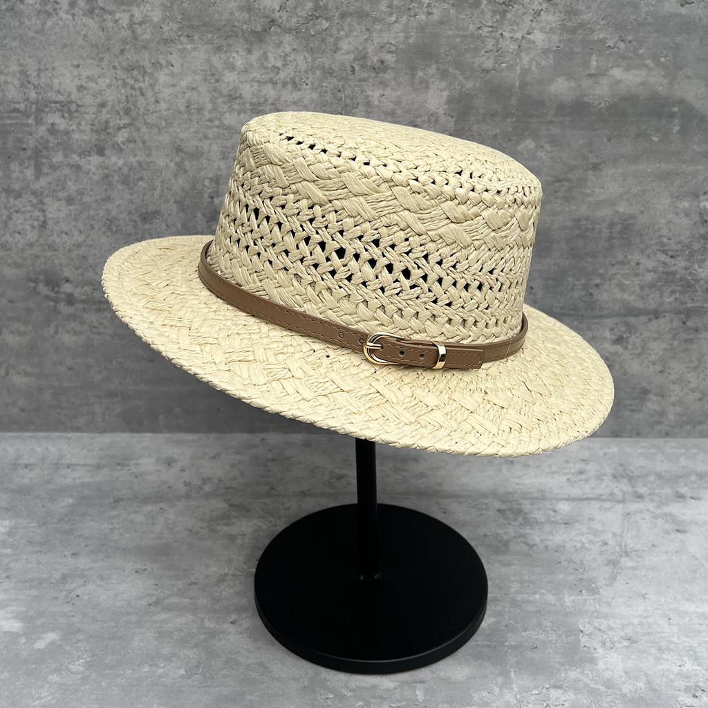 French retro old money wind flat top straw hat women's summer hand-woven hollow breathable sun hat travel vacation hat
