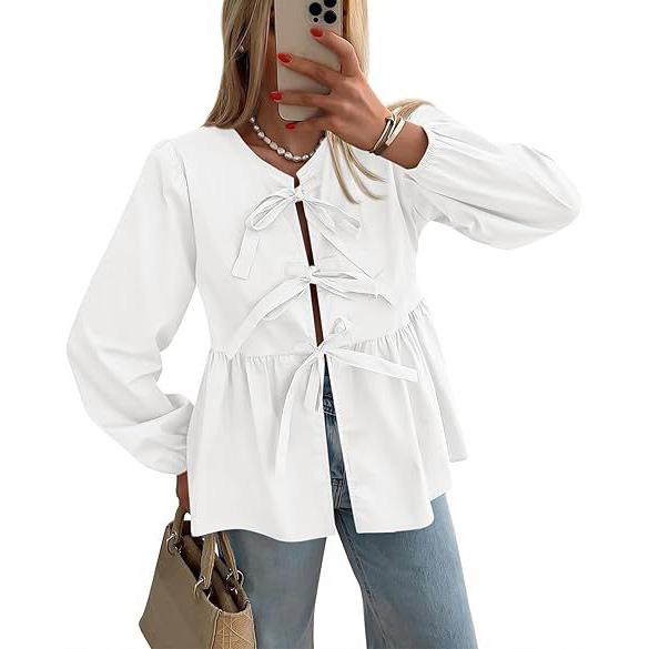 Женский топ с завязками спереди и баской Y2k Puff с короткими рукавами и бантом на шнуровке, блузки Babydoll с оборками по подолу