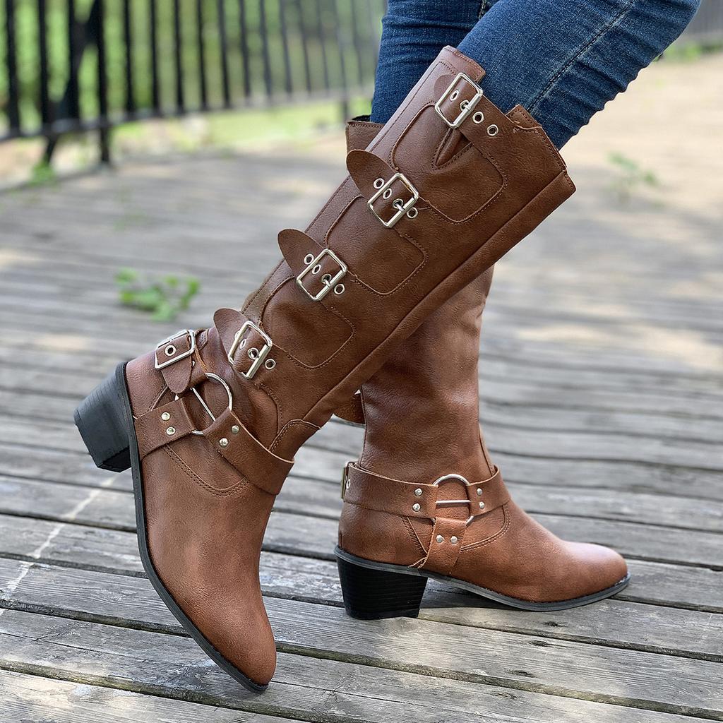 Fashion Fashion Buckle Knee High Boots for Women Winter Square Heels Western Long Boots Woman Black Pu Leather Punk Gothic Booties