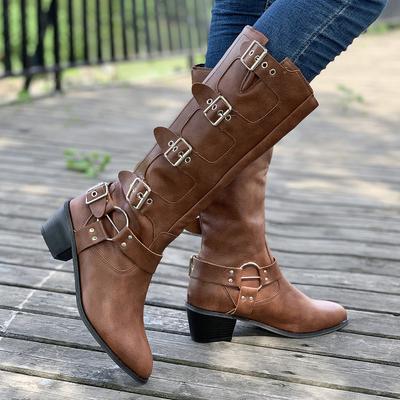 Модные женские сапоги до колена с пряжкой, зимние сапоги на квадратном каблуке, длинные сапоги в стиле вестерн, женские черные сапоги из искусственной кожи в стиле панк-готика