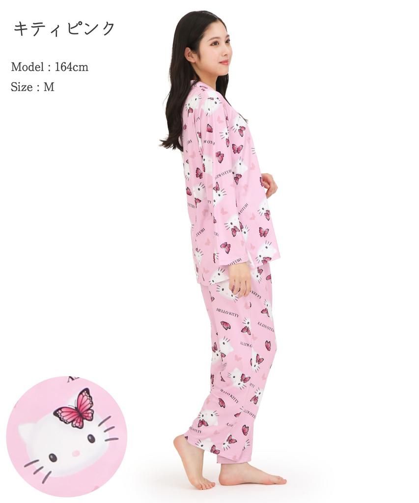 Hello Kitty Shirt Pajamas Powder Stretch Long Sleeve Long Pants Top and Bottom Set Room Wear Loungewear [SAZAC] Women's (Pink/M/SAN1906)