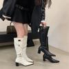 Giant Beauty~ White Coarse Heel Motorcycle Knight Boots Women's British French Belt Buckle Height Increasing Skinny Long Fashion Boots Women