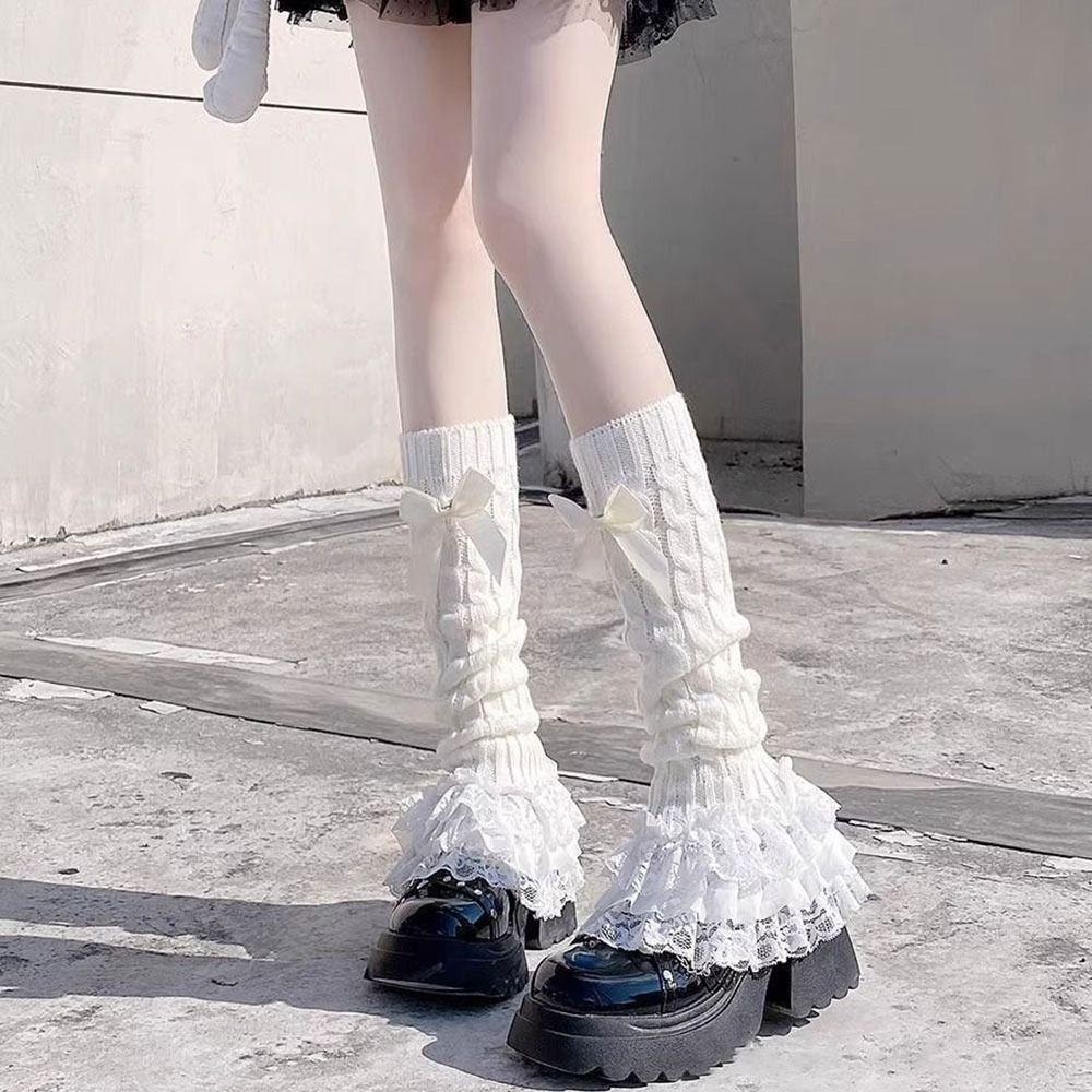 Lace Trim Lace Lolita Socks Ruffled Design Bow Tiered Socks T-shaped Lace Socks  Japanese Style