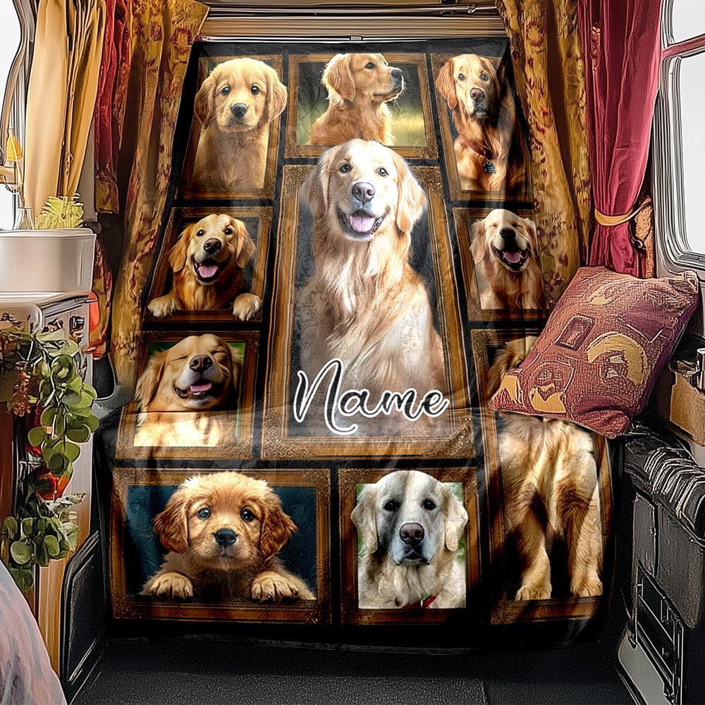 Golden Retriever Collage With Personalized Name Blanketcustomizable With Your Namecomfortable And Stylish Perfect For Travel Beds Chairs Offices Sofas