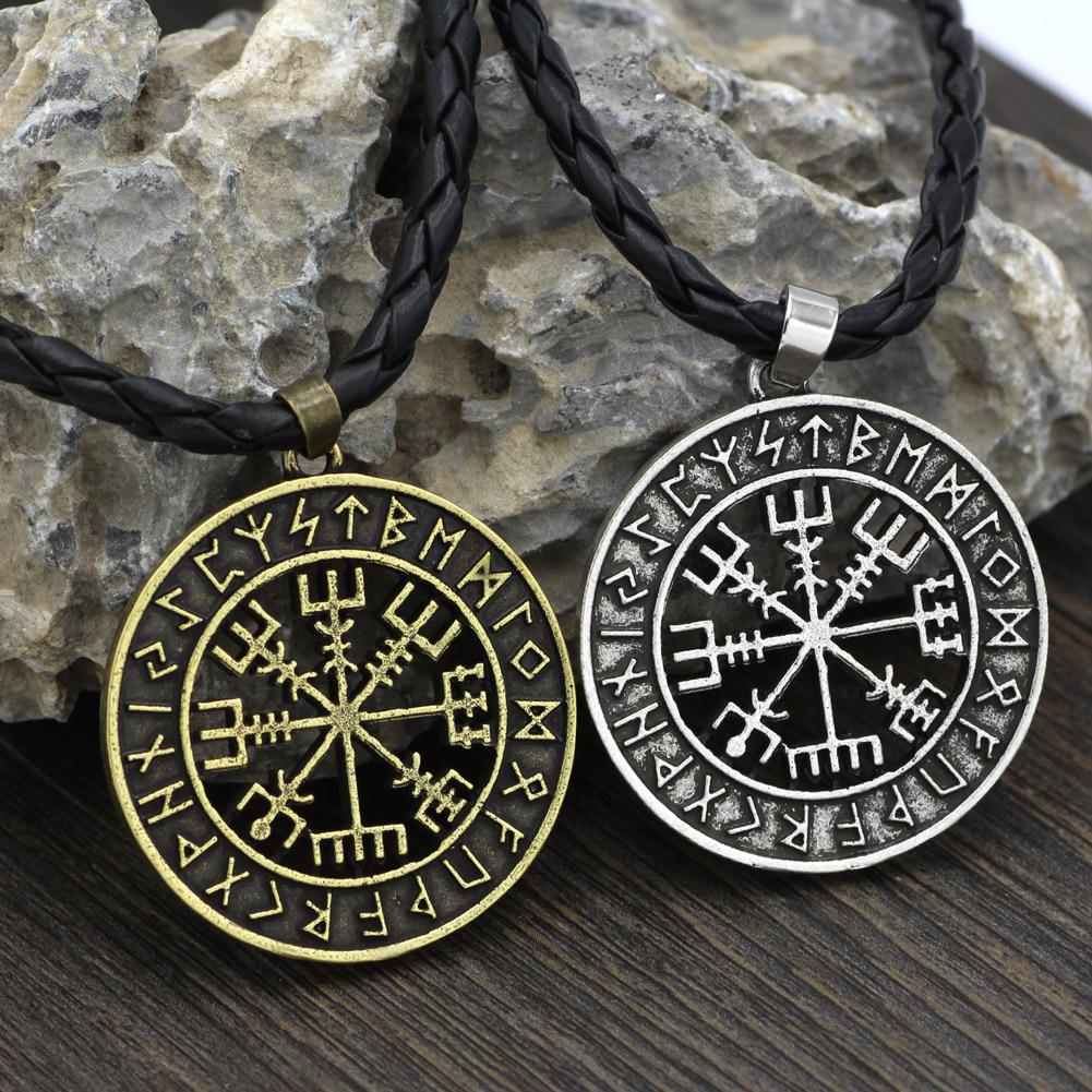 Viking Icelandic Helmet Horror In Runic Circle Pendant Magical Staves Compass Rune Amulet Necklace