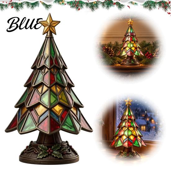 Christmas Fireplace Centerpiece Tree Table Lamp Stained Glass Effect LED Night Light Colorful Housewarming Presents for Home Resin Bedside