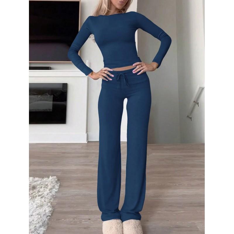 Womens 2026 Knit Lounge Set With Long Sleeve Top Wide Leg Pants Milk Silk Fabric Minimalist Casual Home Wear