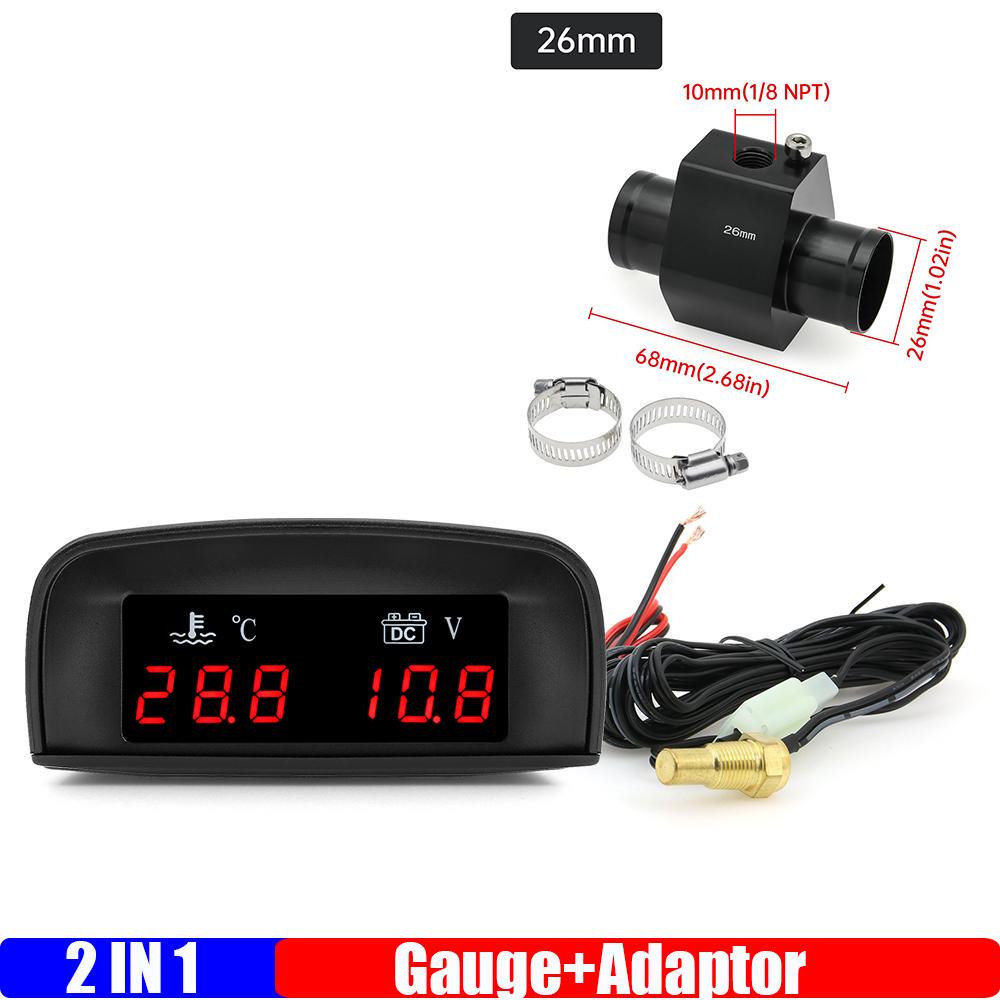 0~120 Celsius Water Temperature Gauge+Voltmeter 2 In 1 LCD Meter Red Light Digital Gauge with Sensor Adaptor for Car 12V 24V