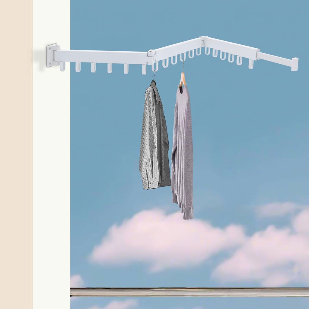 Tri-Fold Space Aluminum Wall-Mounted Drying Rack – 110 lbs Load Capacity with 18 Hooks & Telescopic Hidden Rod – White