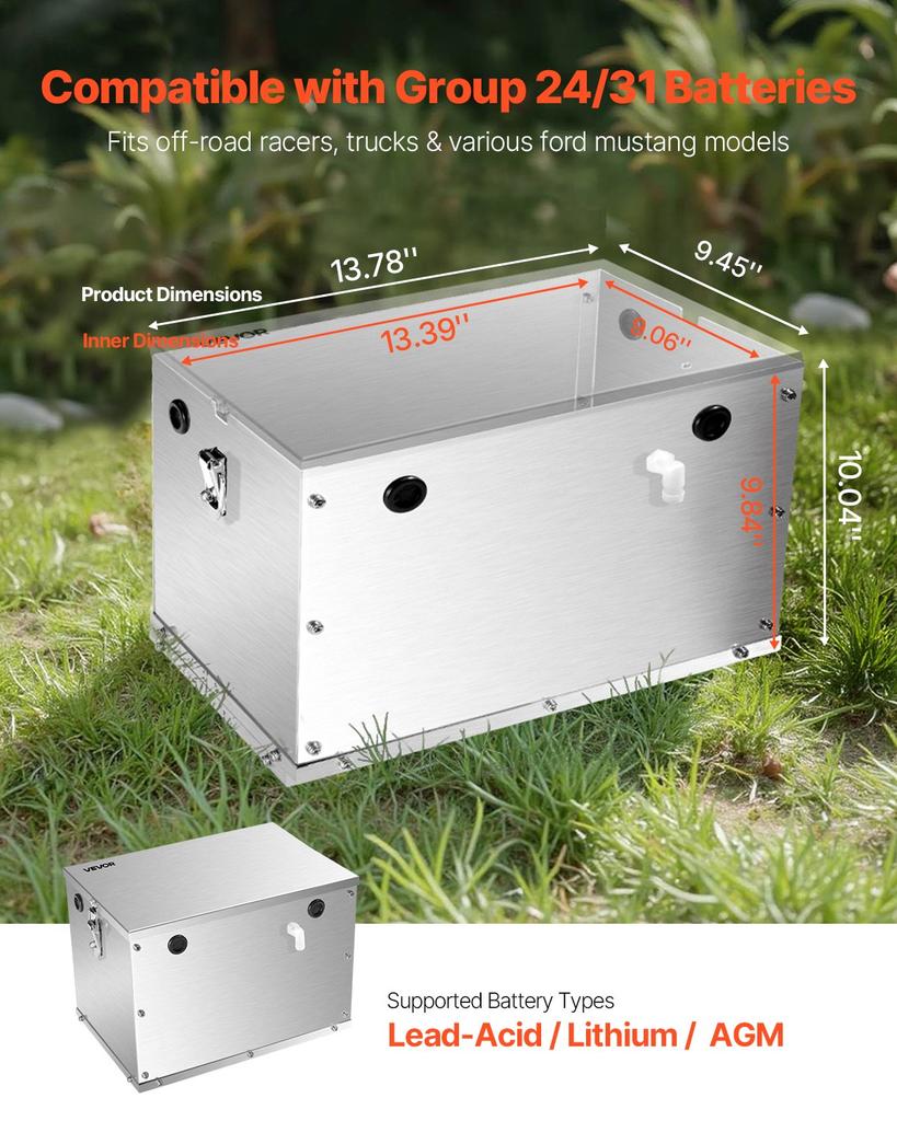 VEVOR Battery Box, Group 24/31 Trolling Motor Battery Box, Marine Batteries Case with Rubber-Grommet Cable Holes, Aluminum Alloy Shell Storage Case