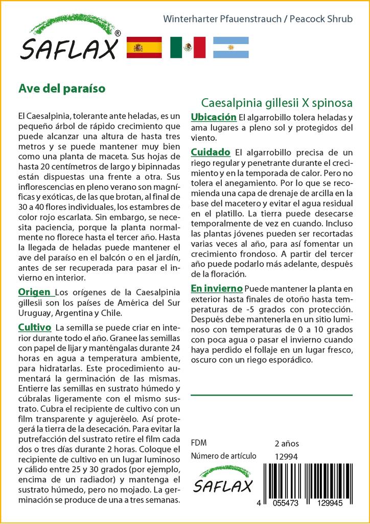 SAFLAX Подарочный набор - Куст павлина - 10 семян - С подарочной коробкой, карточкой, этикеткой и субстратом для горшков - Caesalpinia gillesii