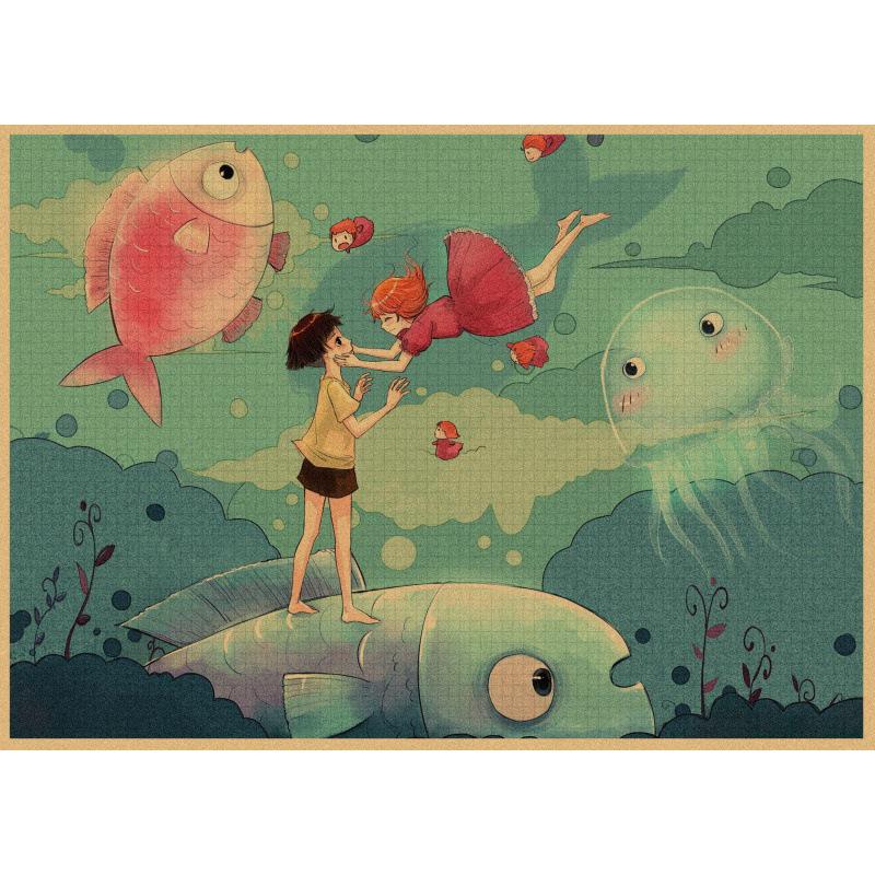 Ponyo on the Cliff Retro Anime Poster - Kraft Paper Wall Art