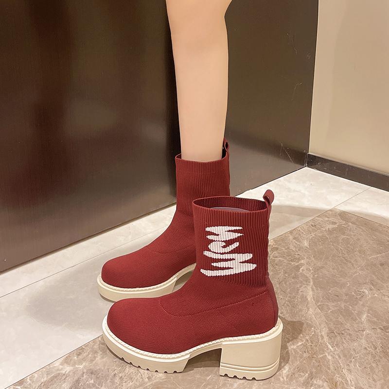Женские вязаные высокие каблуки, ботильоны, высокие носки, толстые зимние ботинки на платформе 2025 года, новые трендовые брендовые ботинки Chelsea Snow, сексуальные туфли-лодочки из плетения