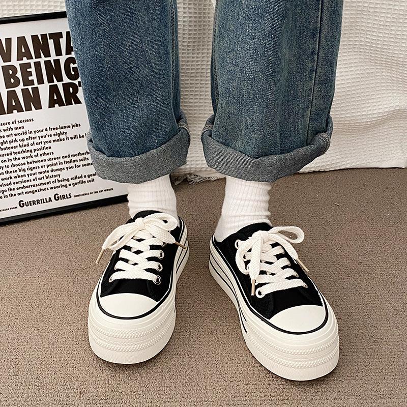 Women's Wide Canvas Sneakers Slip-on Canvas Shoes Mules Slide Sneakers Backless with Wide Toe Box