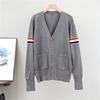 Women's Autumn And Winter Long Sleeved Knitted V Neck Cardigan Sweater Contrasting Striped Thin Jacket