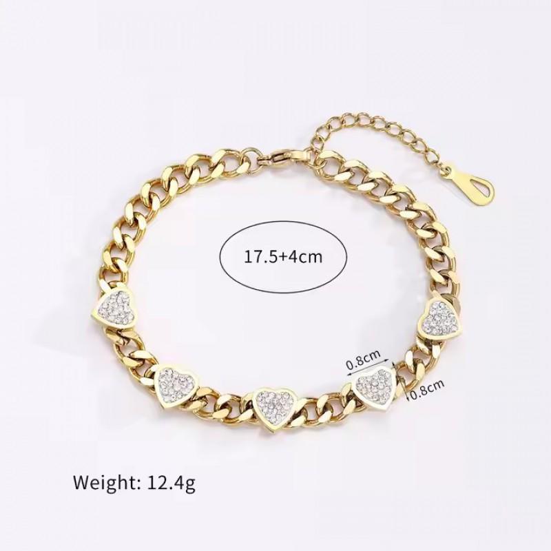 Stainless Steel Heart Shape Zircon Cuban Link Bracelet Women 18K Gold Plated Titanium Luxury Fashion Jewelry