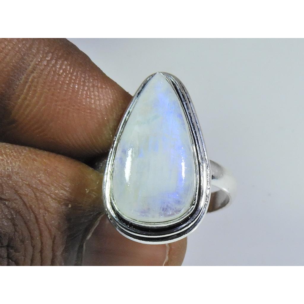 Natural Rainbow Moonstone 925 Solid Sterling Silver Ring Size US-9 PG-131
