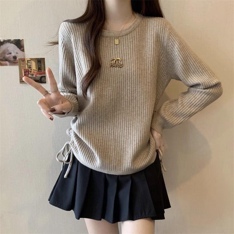 Ribbed Knitted Slimming Drawstring Sweater - Women's Korean Style Spring/Autumn Top