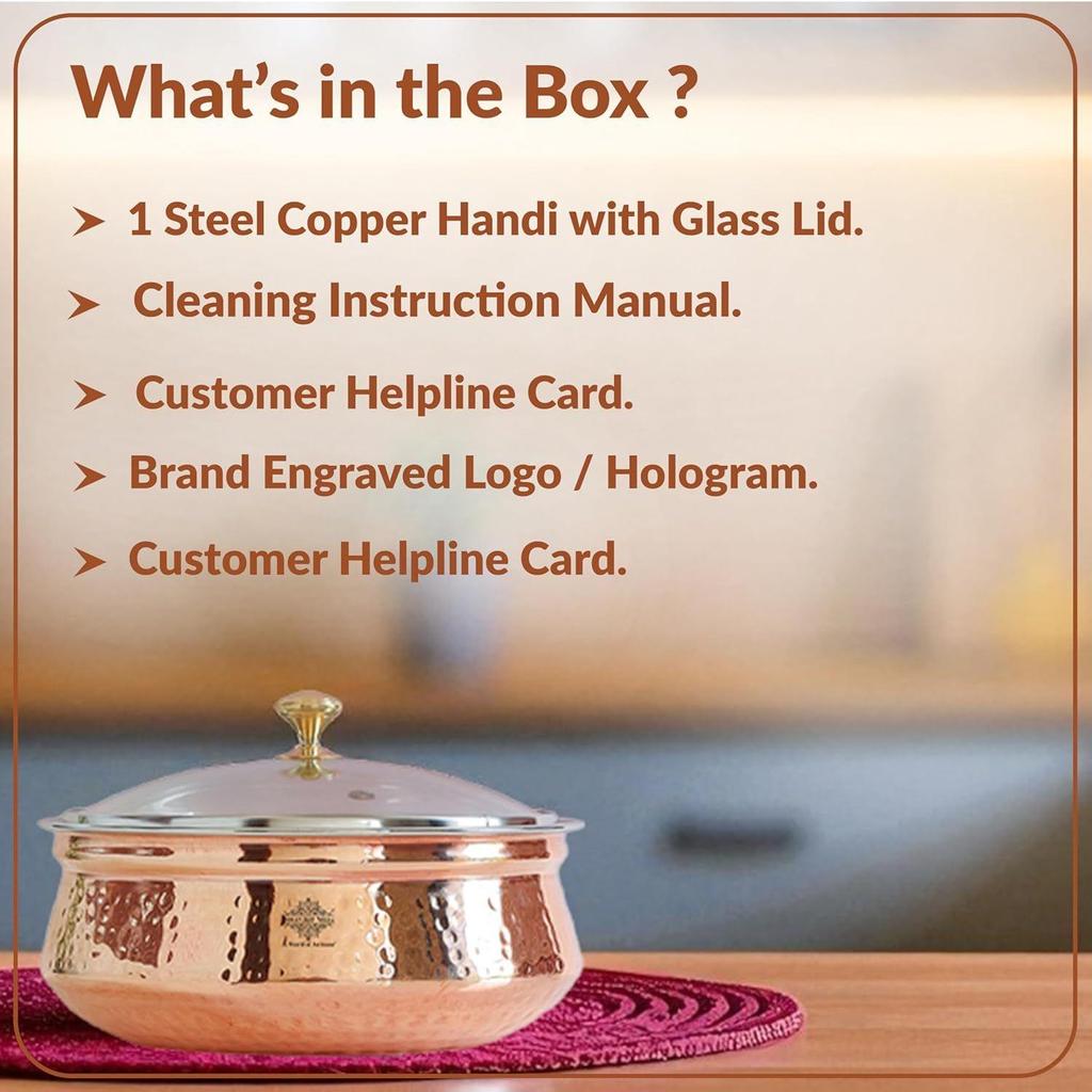Steel Copper Serving Handi with Glass Lid 1400 ML - Serving Dishes Chicken Briyani Vegetables Home Hotel Restaurant Tableware Dishware
