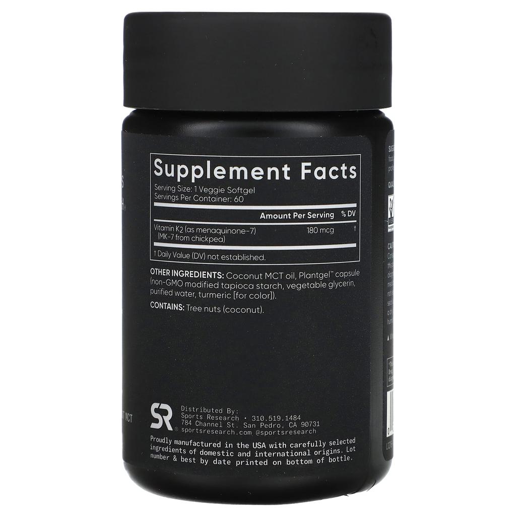 Sports Research, Vitamin K2, Extra Strength, 180mcg, 60 veggie softgels