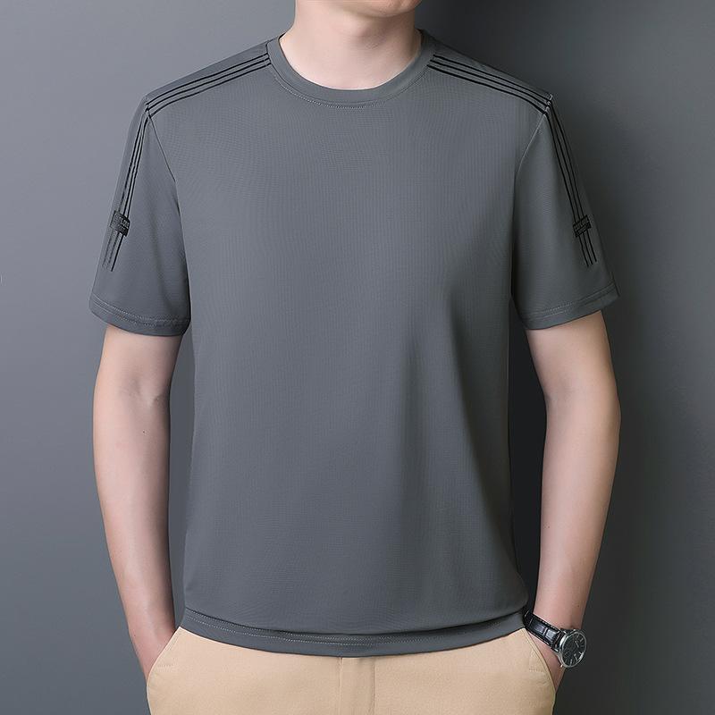 Летняя футболка с коротким рукавом, мужская, из шелка, с круглым вырезом, для бега, спортивная, быстросохнущая, повседневная, деловая, большого размера