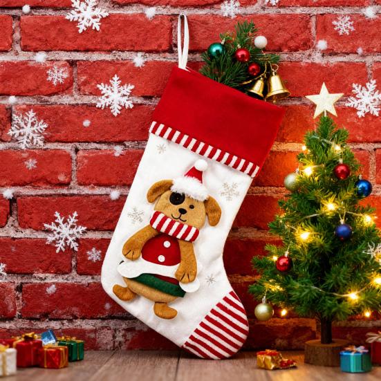 3D Christmas Stocking Santa Snowman Reindeer Cat Dog Pattern Traditional Holiday Hanging Stocking Fireplace Decor