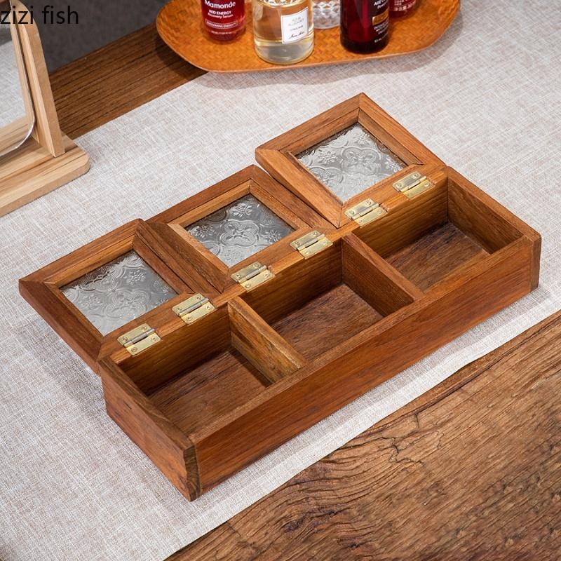 Ящик для хранения из цельного дерева, стеклянная крышка, шкатулки для украшений, 3 решетки, тарелка для закусок, коробка для сухофруктов, коробки для конфет, органайзер для украшений, подносы для закусок