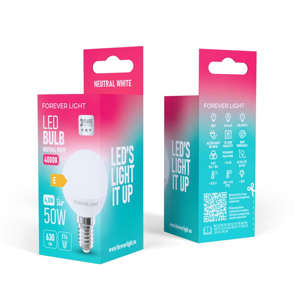 Forever Light Żarówka Led E14 G45 4.8W 630Lm 4000K Klasa E