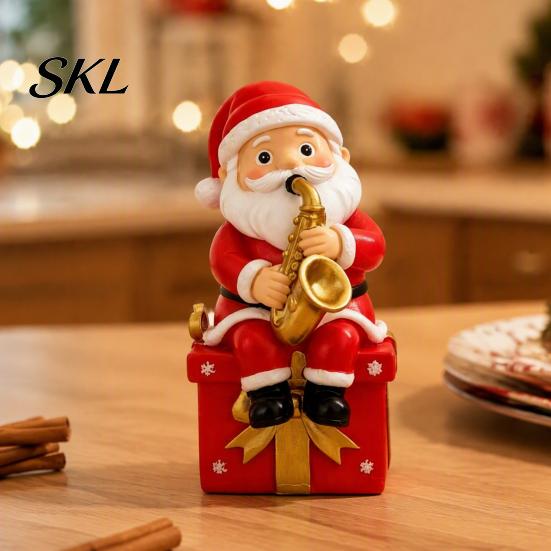 Sitting Santa Desktop Decoration Christmas Singing Claus Figurine,Cartoon Saxophone Resin Cartoon Sculpture Statue, Festive Xmas Decor