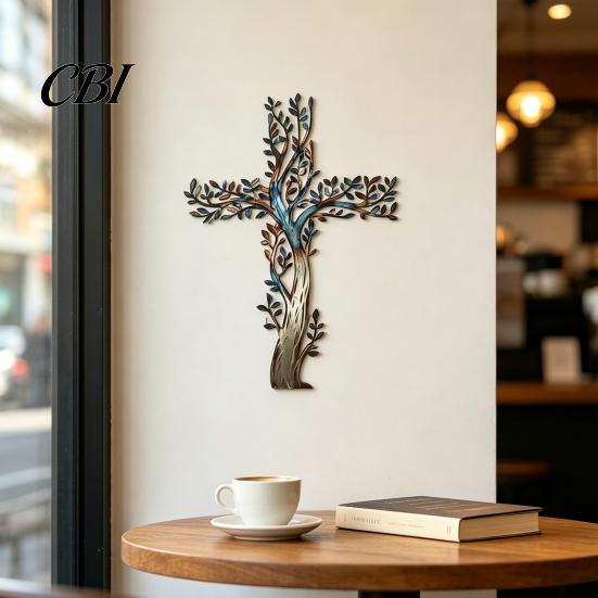 Gradient Color Metal Art Cross Wall Art, Tree of Life Hanging Crosses Of Decor Decor, for Garden Living Room Bedroom