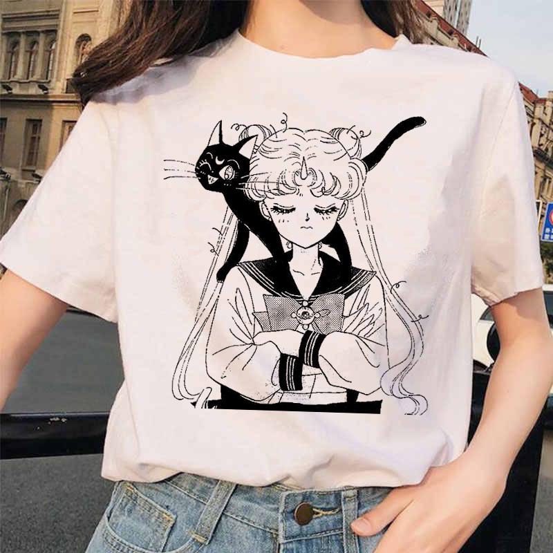 Sailor Moon 90S Funny T Shirt Harajuku Clothes Tshirt Aesthetic Cat Anime Women Cute Female T