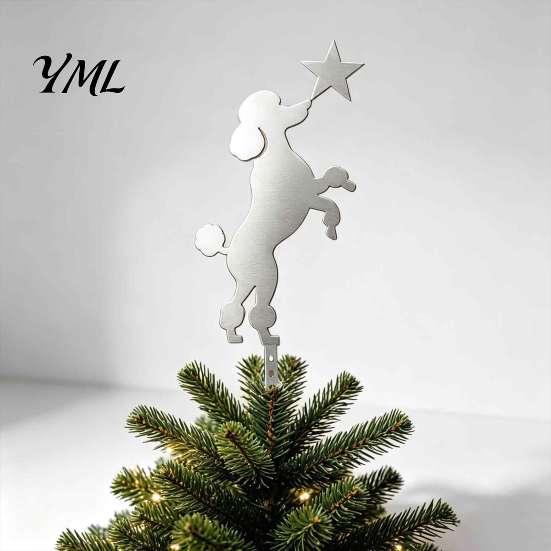 Cute Poodle Ornament Standing Christmas Tree Topper, Silver Silhouette Durable Metal Decoration, Secure Seasonal Accessory Plug-in Rod Easy
