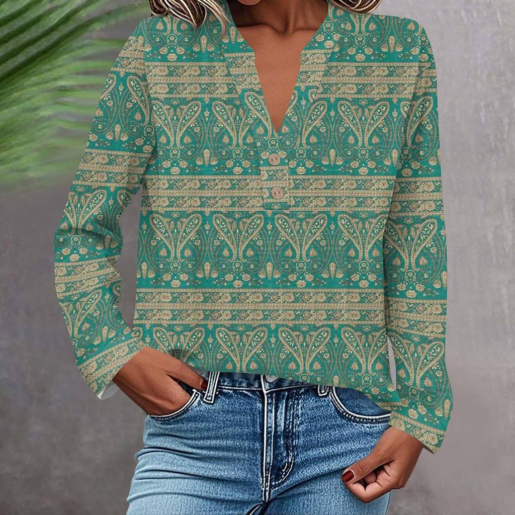 Women's Fashionable And Casual Shirt Long Sleeve V-neck Button Printed Blouse Top