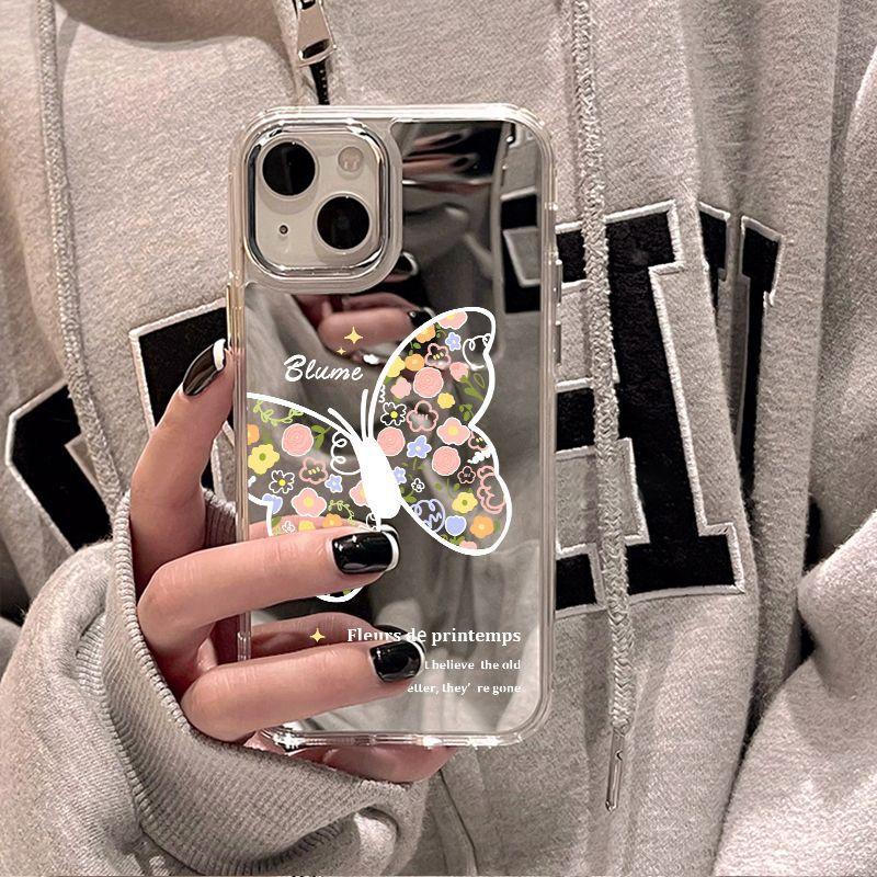 Зеркальный чехол с рисунком цветка и бабочки для мобильного телефона iPhone17promax 15/14 Apple 16 гальваническая кнопка 13