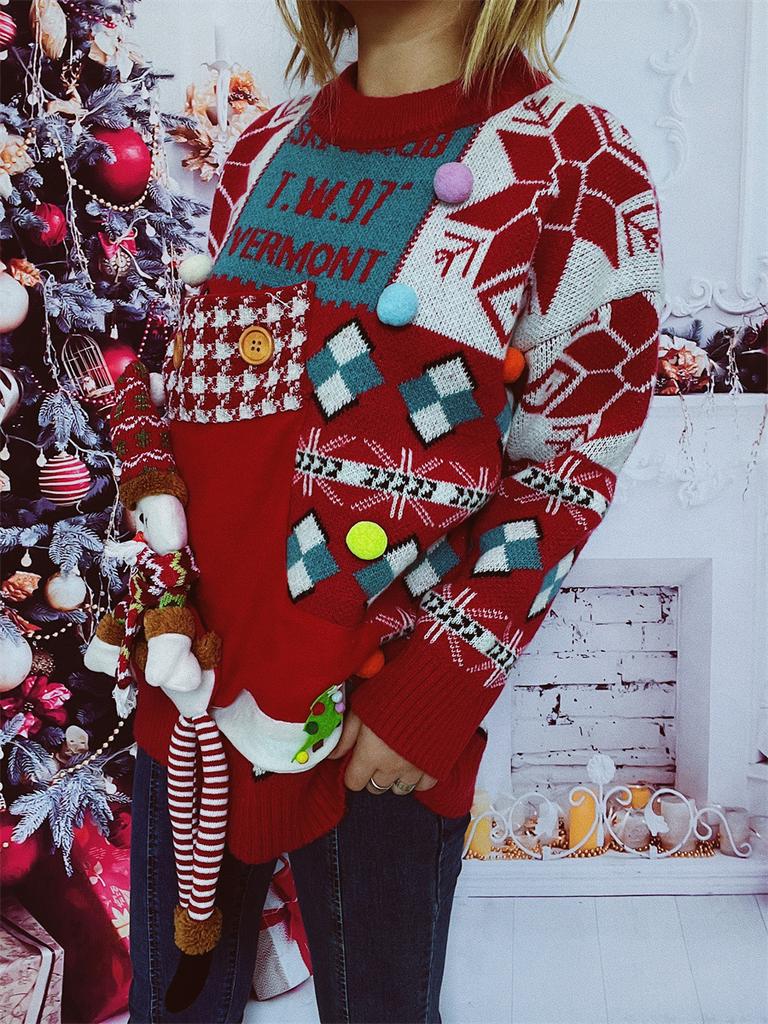 Foreign Trade Autumn and Winter New Thick Christmas Sweater Hand Decorated Button Letters Snowman Doll Pullover Sweater for Women 3525 EMA