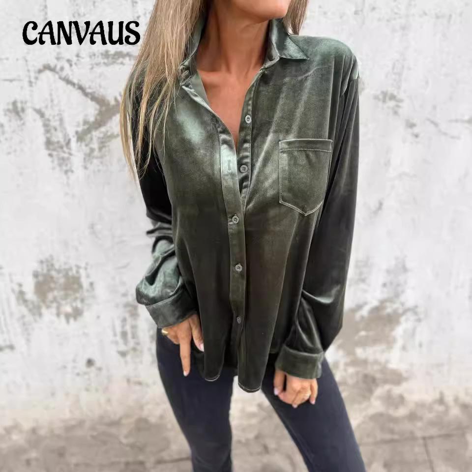 Женская рубашка из золотистого бархата на весну и осень, блузка с длинным рукавом и одним рядом пуговиц, свободная рубашка