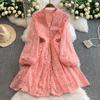 2025 Summer and Autumn Vintage Court V-neck Lantern Sleeve Fashion Embroidery Versatile A-word Elegant Dress