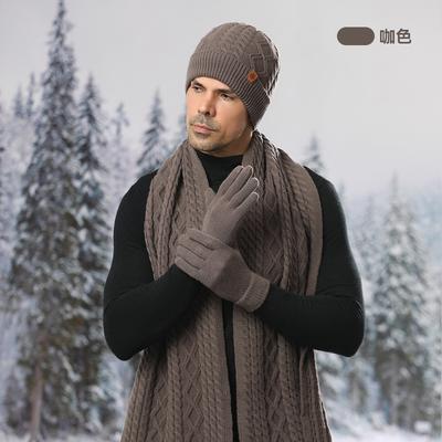 Вязаная шапка, мужские зимние бархатные утепленные перчатки, шапка, шарф, комплект из трех предметов для активного отдыха, велосипедная шерстяная, вязаная шапка