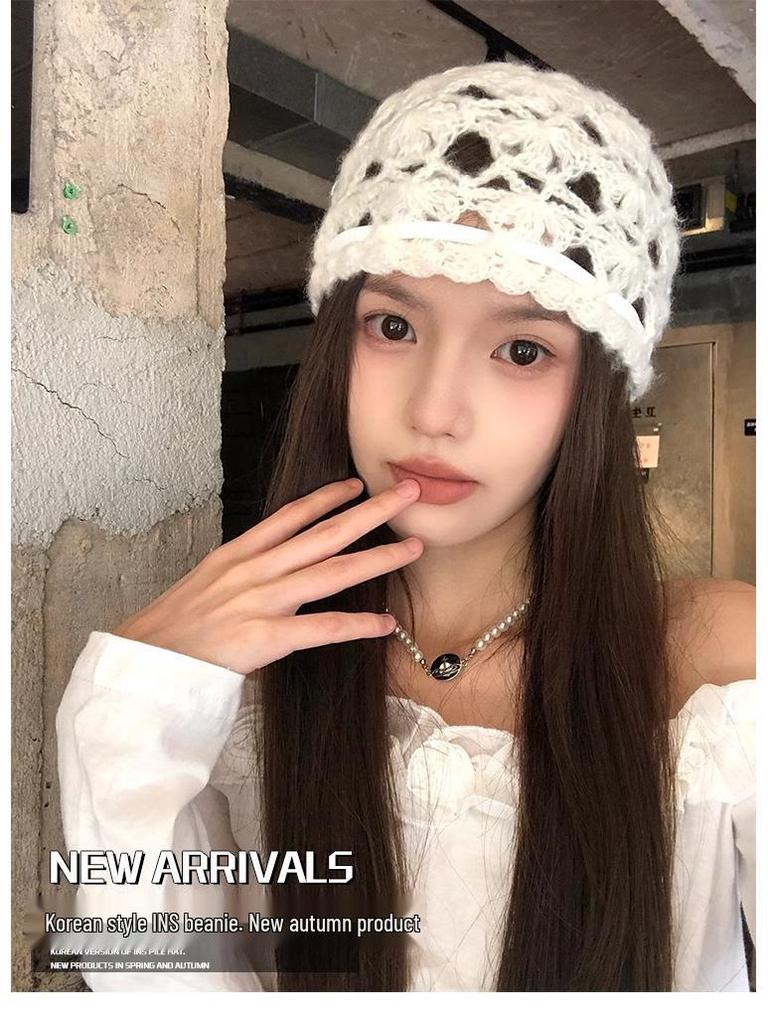 Женская дышащая вязаная крючком ажурная шапочка в корейском стиле - летняя, тонкая и универсальная