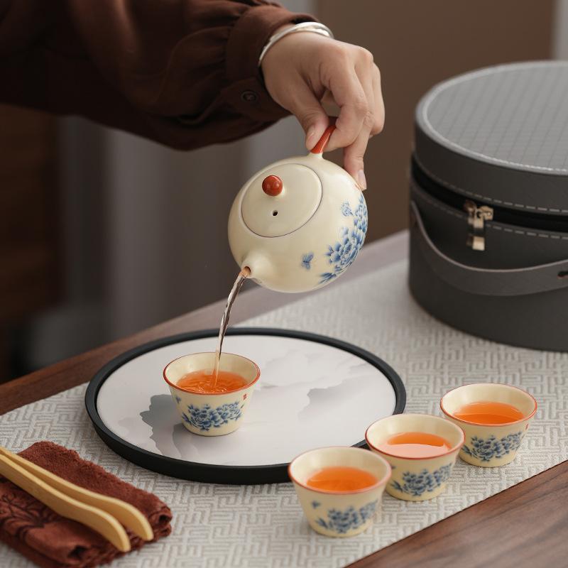Guochao tea set ceramic Ru kiln Kuaike cup portable outdoor travel teapot souvenir set